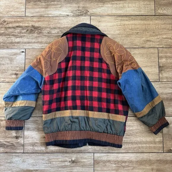 Patchwork Jacket XS Plaid Denim Pockets Cowboy Western Vintage - Picture 7 of 15